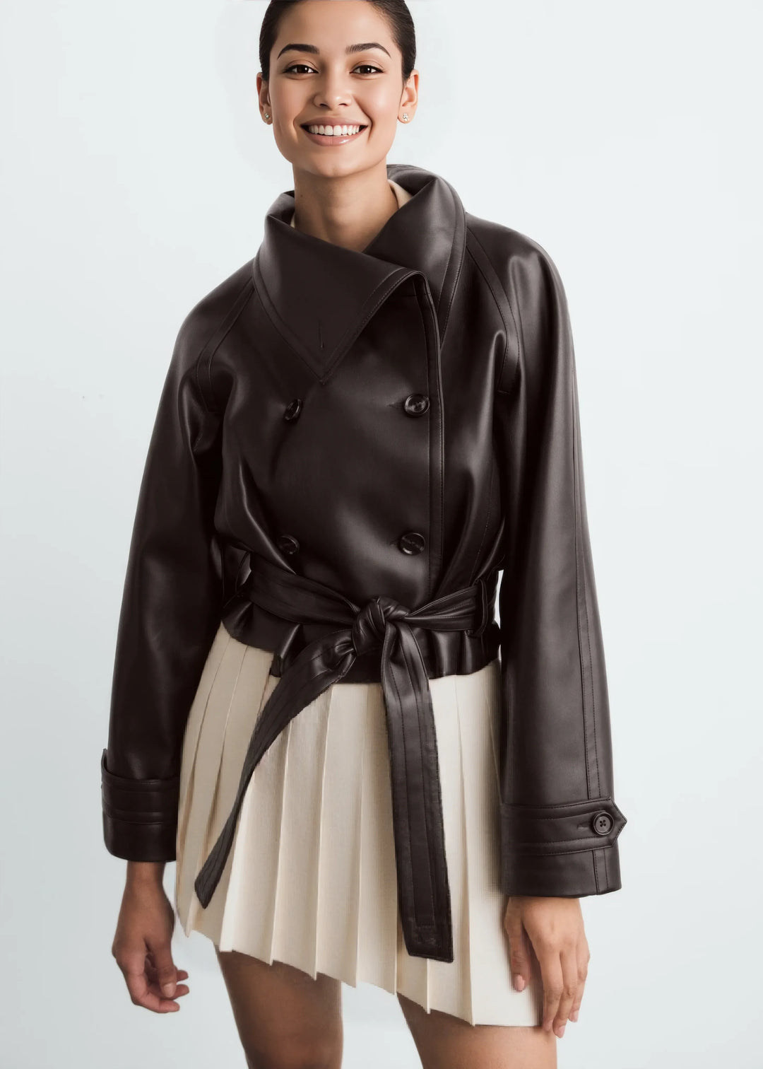 Ambre Belted Leather Wrap Coat | Inaya Paris