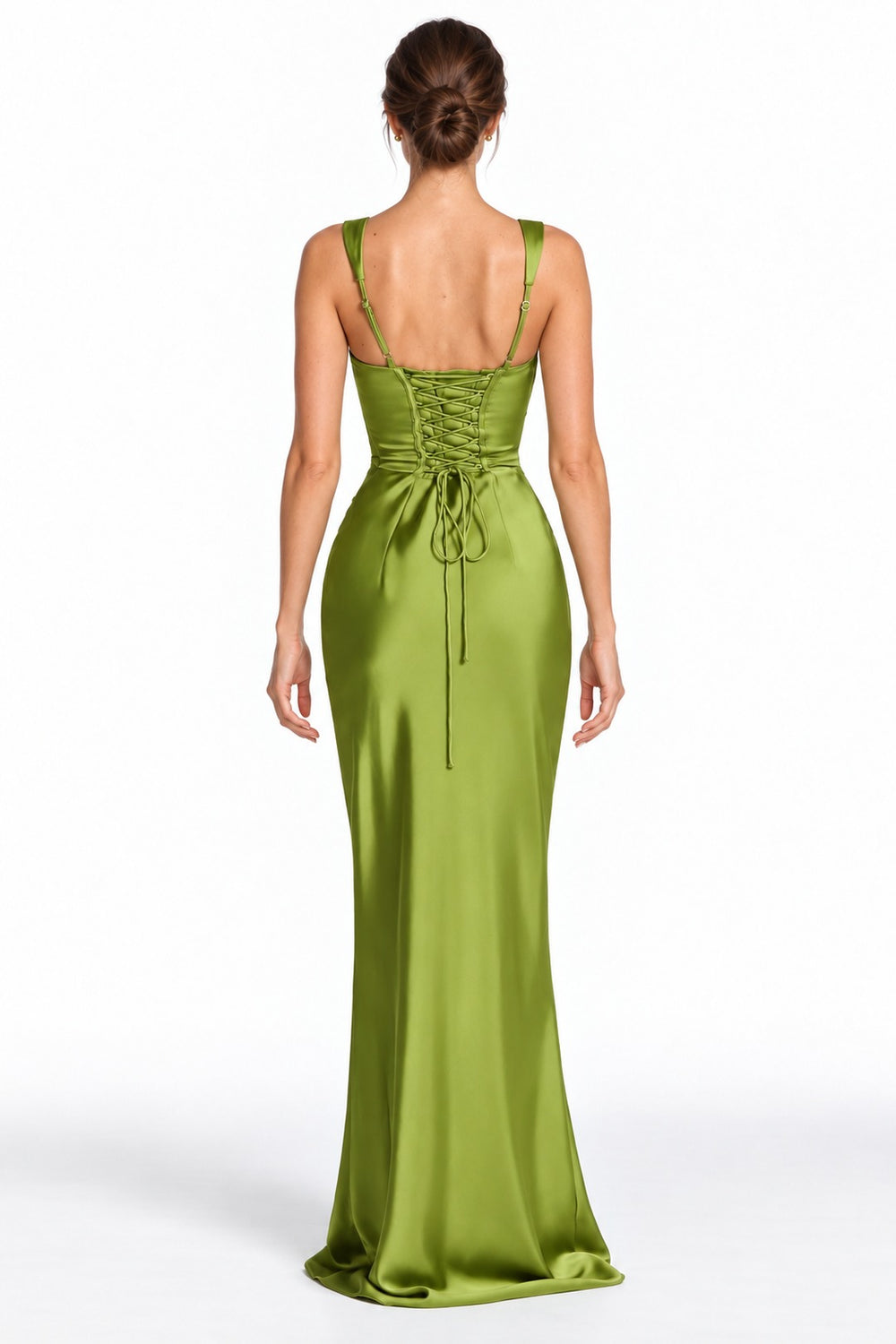 Back view of the Clarisse olive maxi dress on a white background