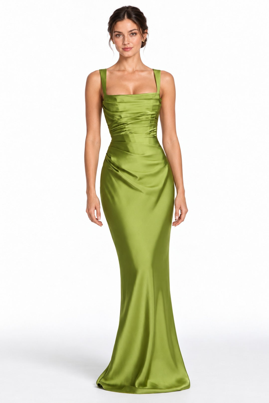 Clarisse olive square neck maxi dress, front view on a white background