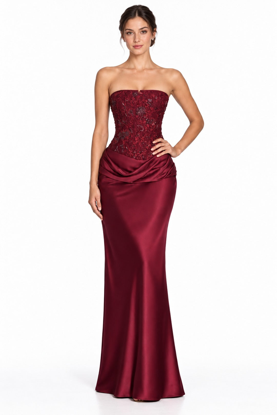 Cassia burgundy strapless embellished maxi gown, front view on a white background