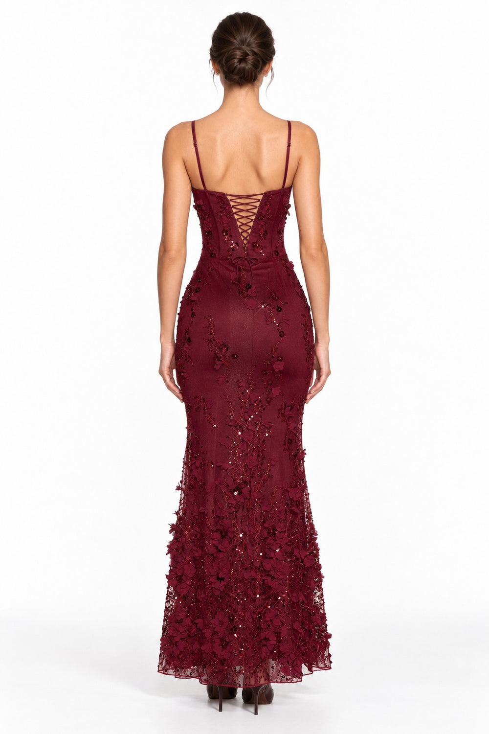 Back view of the Valentine wine red mermaid gown on a white background