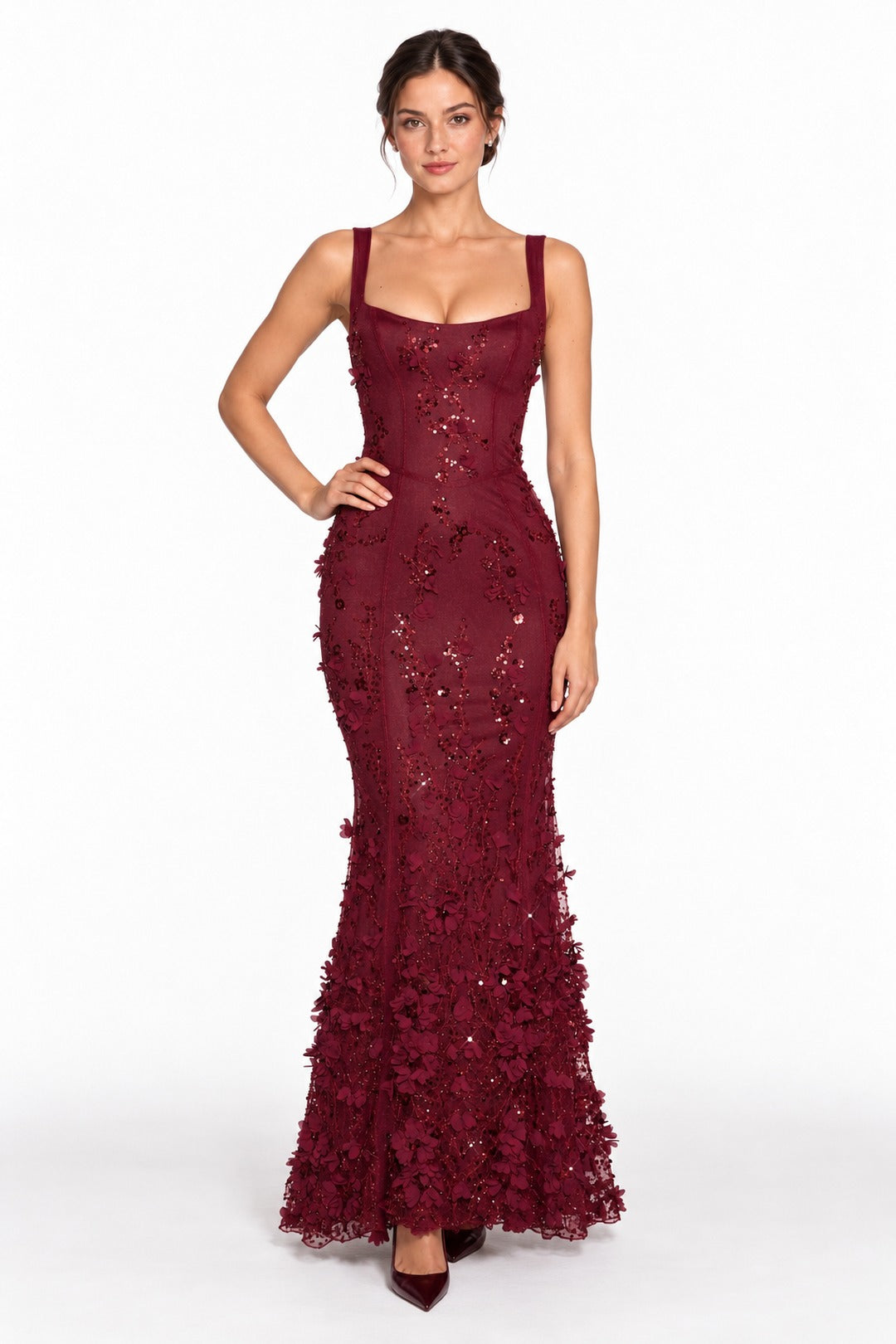 Valentine wine red floral corset mermaid gown, front view on a white background
