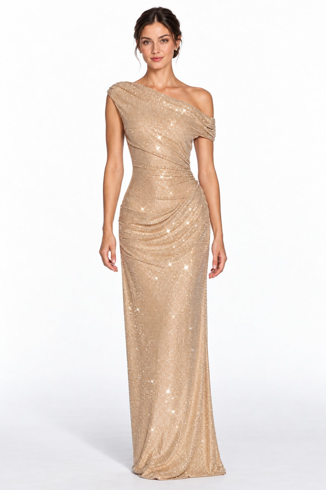 Oriane gold embellished asymmetric maxi gown, front view on a white background